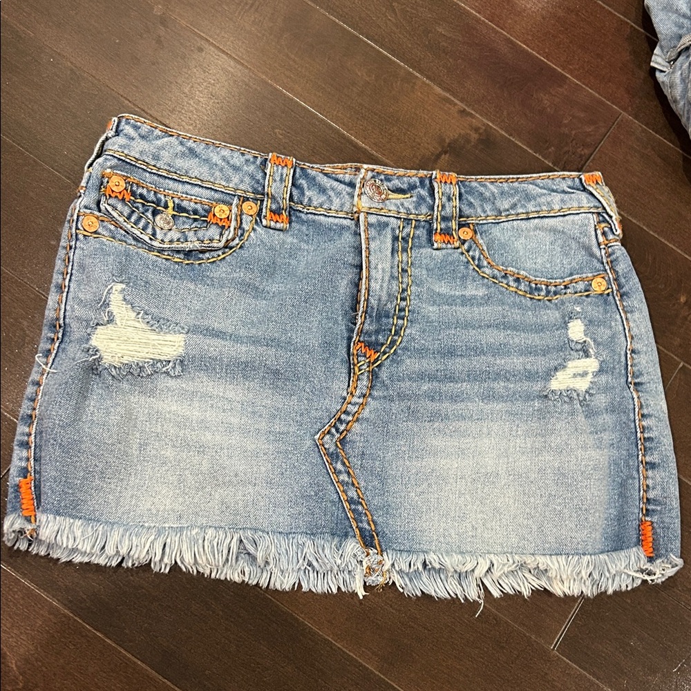 True Religion Blue Denim Mini Skirt with Orange Accents